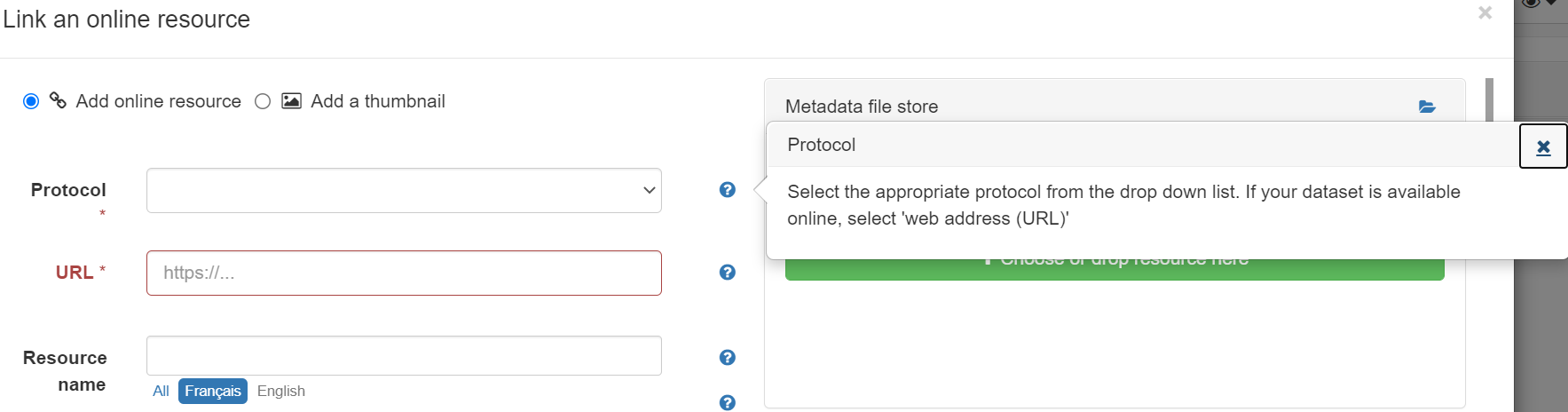 In the online resources dialog box of the metadata editor, the tooltip in the protocol field has been updated.